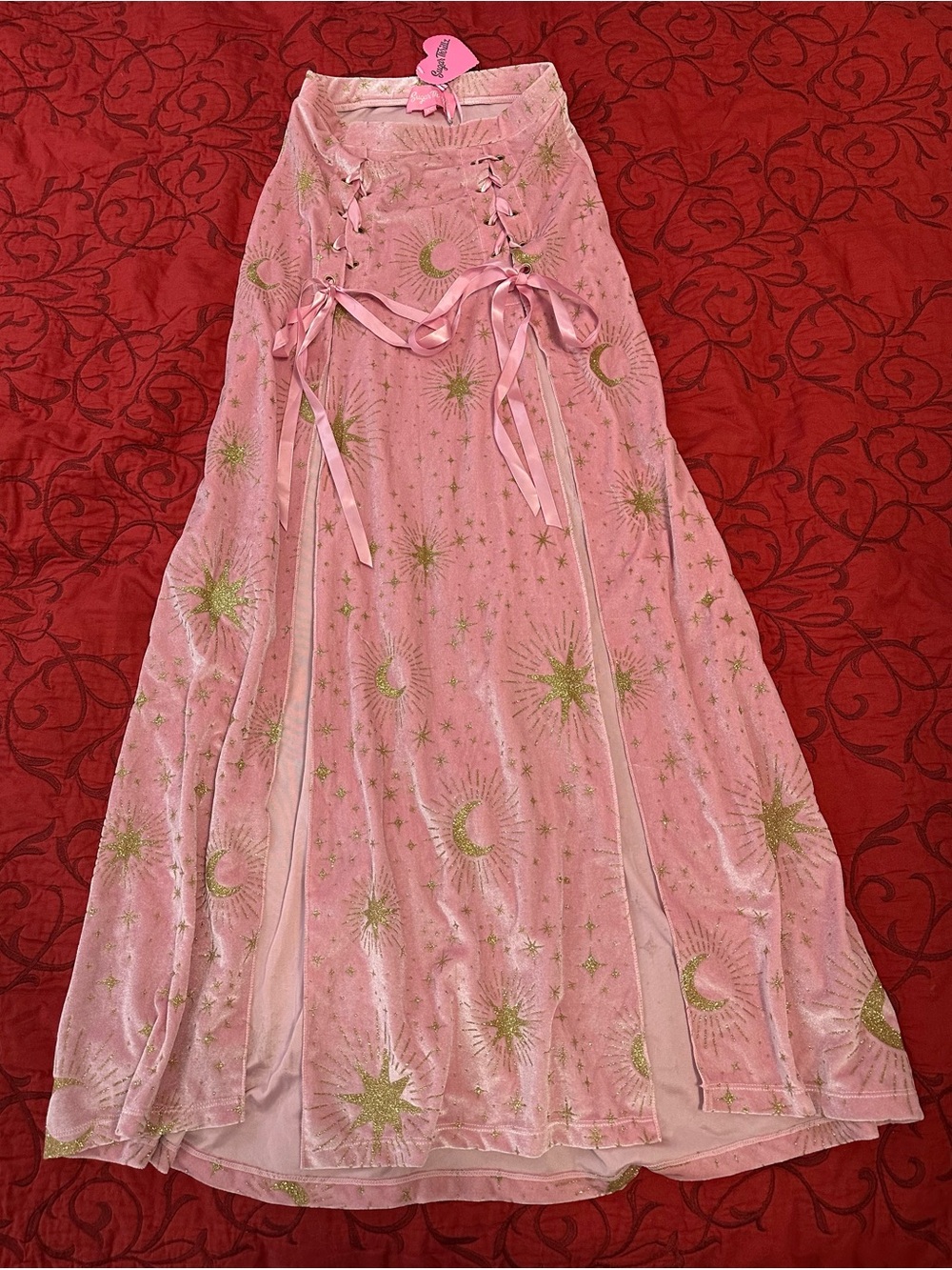 Sugar Thrillz Pink Velvet Maxi Skirt with Gold Celestial Embroidery